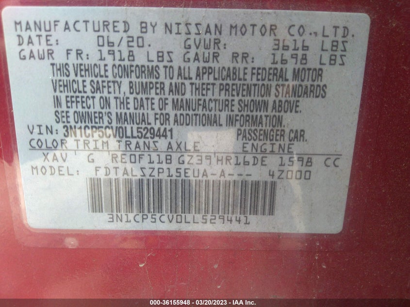 VIN 3N1CP5CV0LL529441 2020 NISSAN KICKS SV