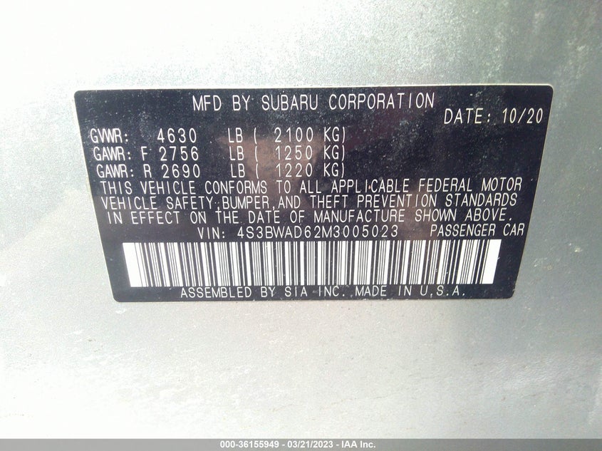 VIN 4S3BWAD62M3005023 2021 SUBARU LEGACY PREMIUM