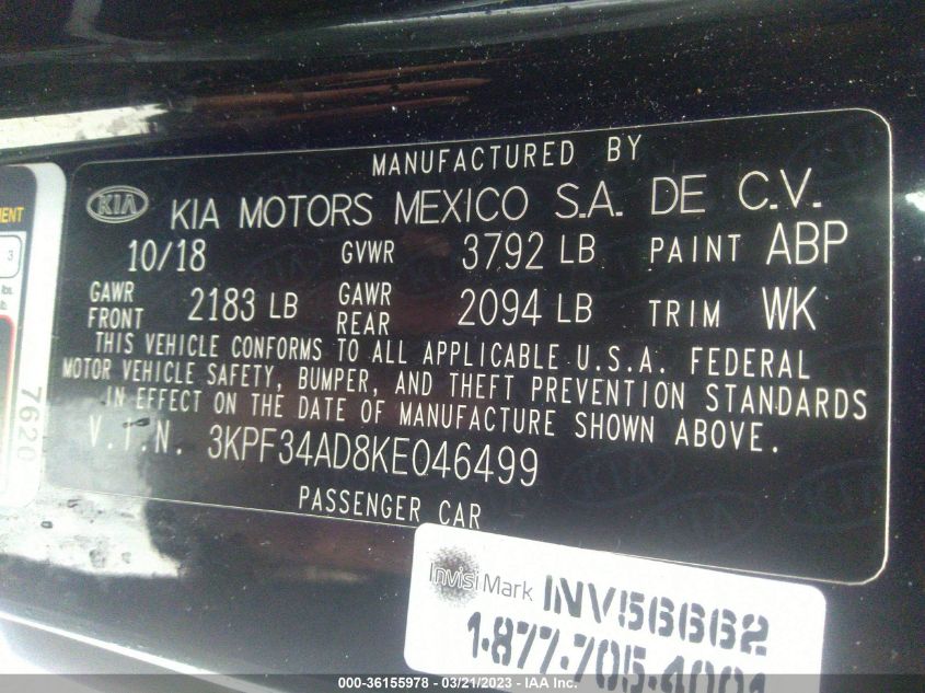 2019 KIA FORTE S - 3KPF34AD8KE046499