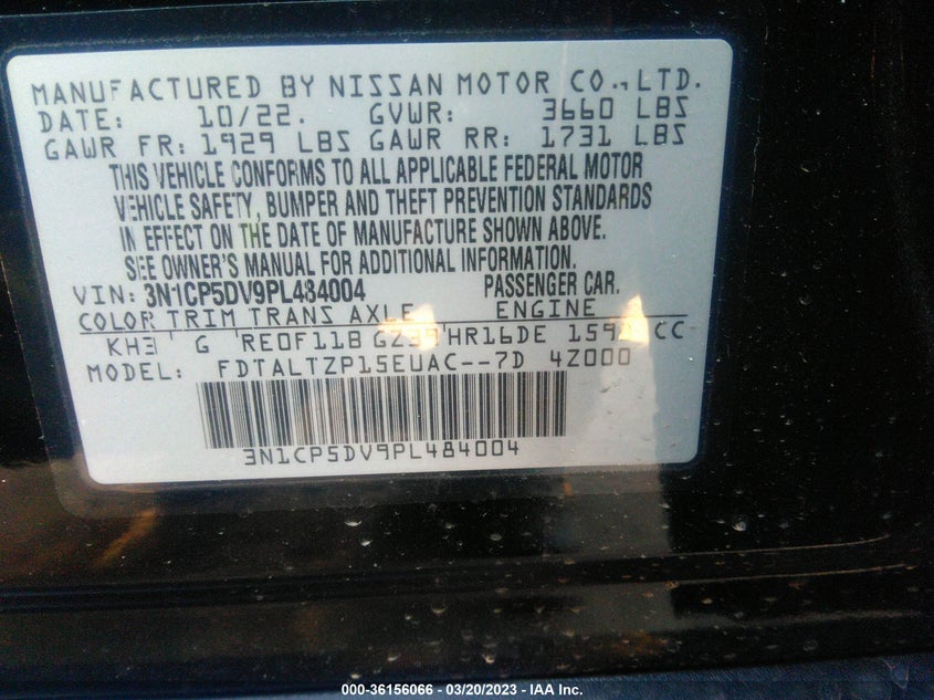 VIN 3N1CP5DV9PL484004 2023 NISSAN KICKS SR