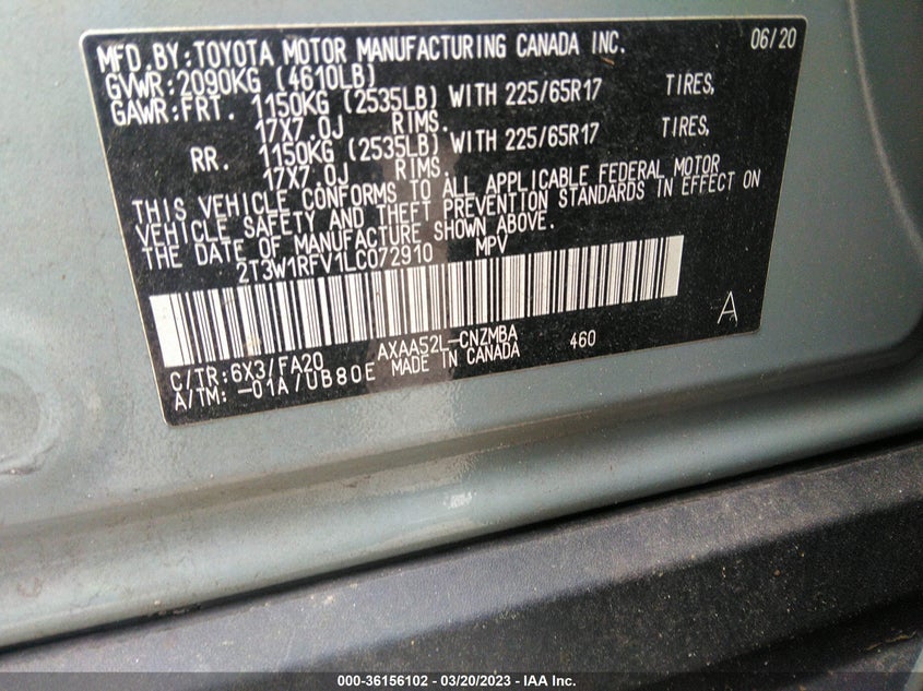 VIN 2T3W1RFV1LC072910 2020 TOYOTA RAV4 XLE