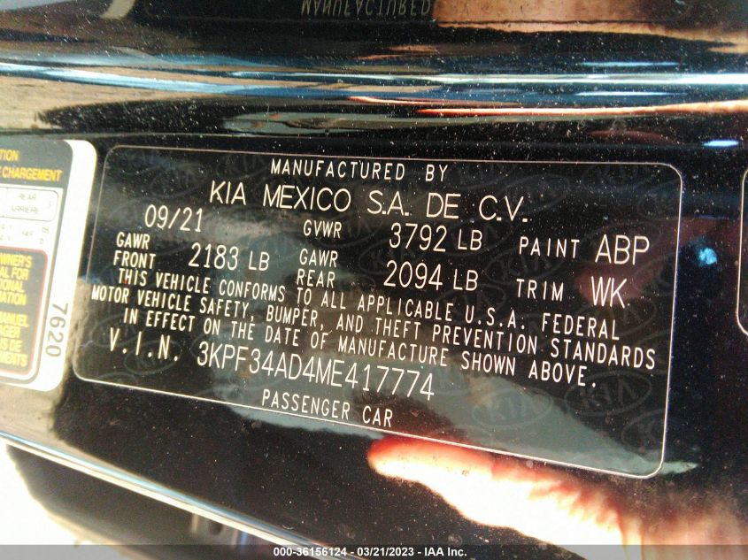 2021 KIA FORTE GT-LINE - 3KPF34AD4ME417774