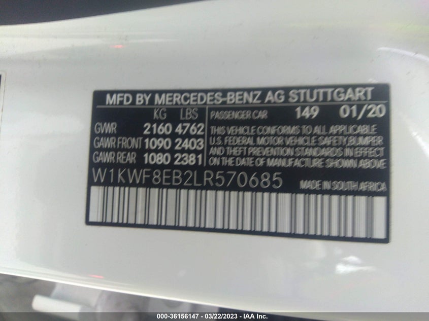 VIN W1KWF8EB2LR570685 2020 MERCEDES-BENZ C-CLASS C 300