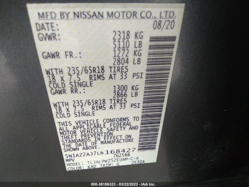 2020 NISSAN MURANO S - 5N1AZ2AJ7LN168427