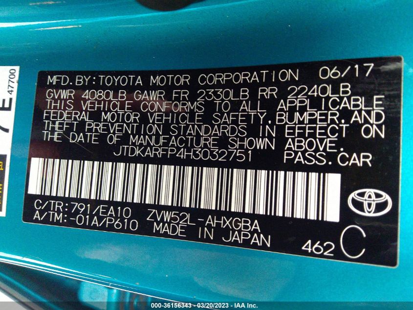 2017 TOYOTA PRIUS PRIME PLUS/PREMIUM/ADVANCED - JTDKARFP4H3032751
