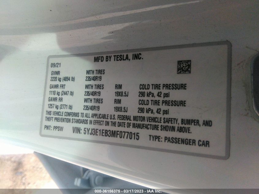 2021 TESLA MODEL 3 LONG RANGE - 5YJ3E1EB3MF077015