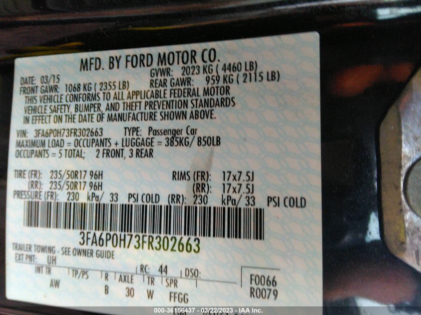 2015 FORD FUSION SE - 3FA6P0H73FR302663