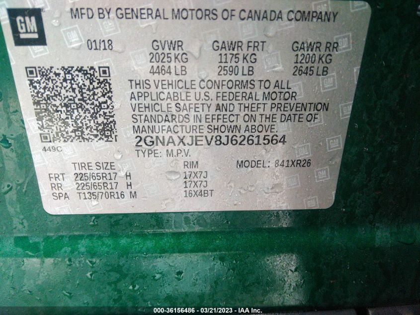 2018 CHEVROLET EQUINOX LT - 2GNAXJEV8J6261564