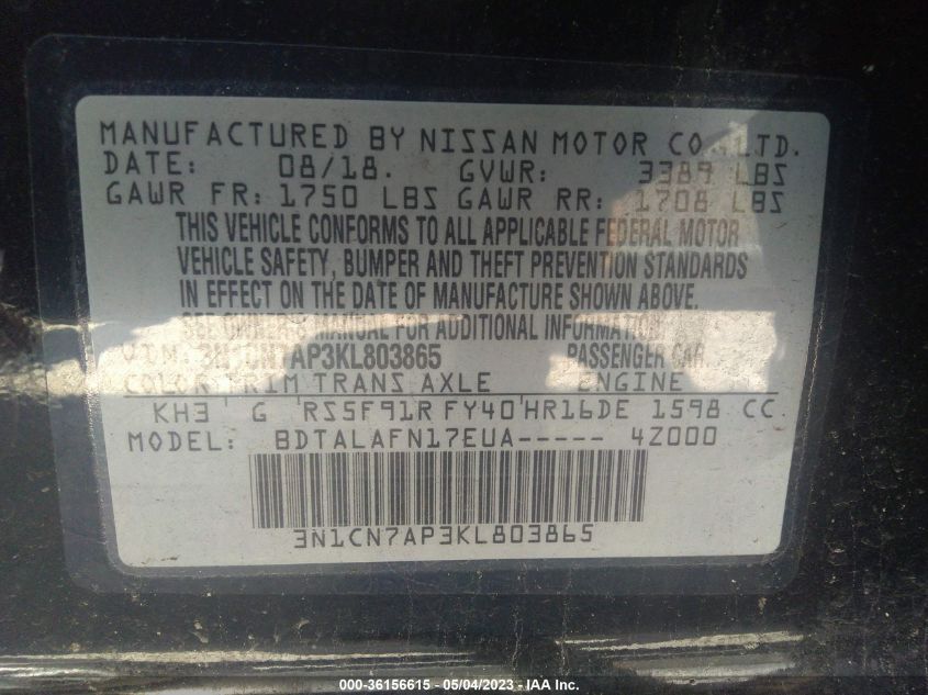 2019 NISSAN VERSA 1.6 S - 3N1CN7AP3KL803865