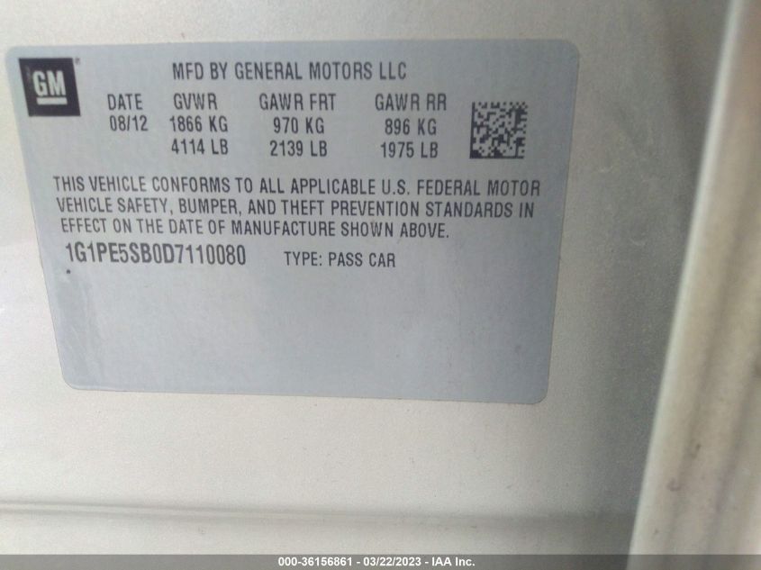 2013 CHEVROLET CRUZE 2LT - 1G1PE5SB0D7110080