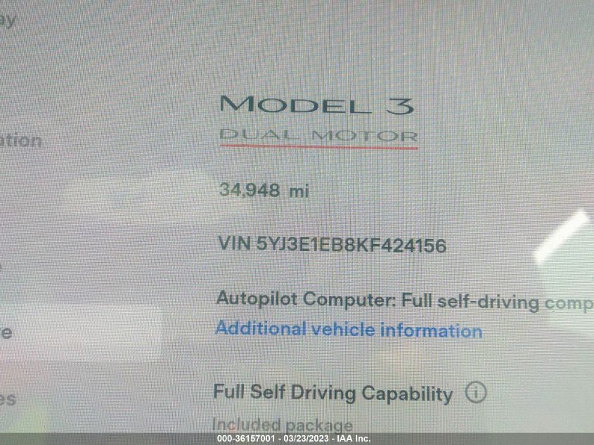 2019 TESLA MODEL 3 LONG RANGE/PERFORMANCE - 5YJ3E1EB8KF424156