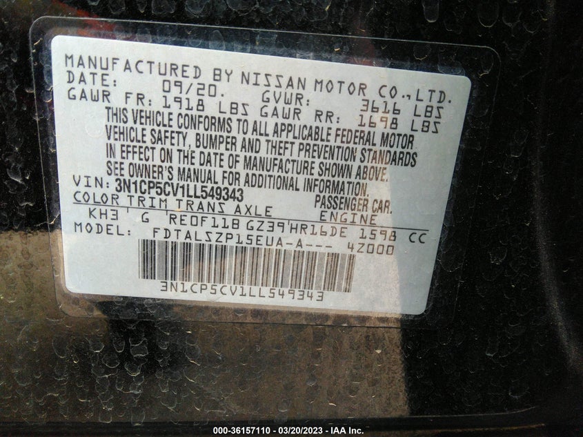 VIN 3N1CP5CV1LL549343 2020 NISSAN KICKS SV