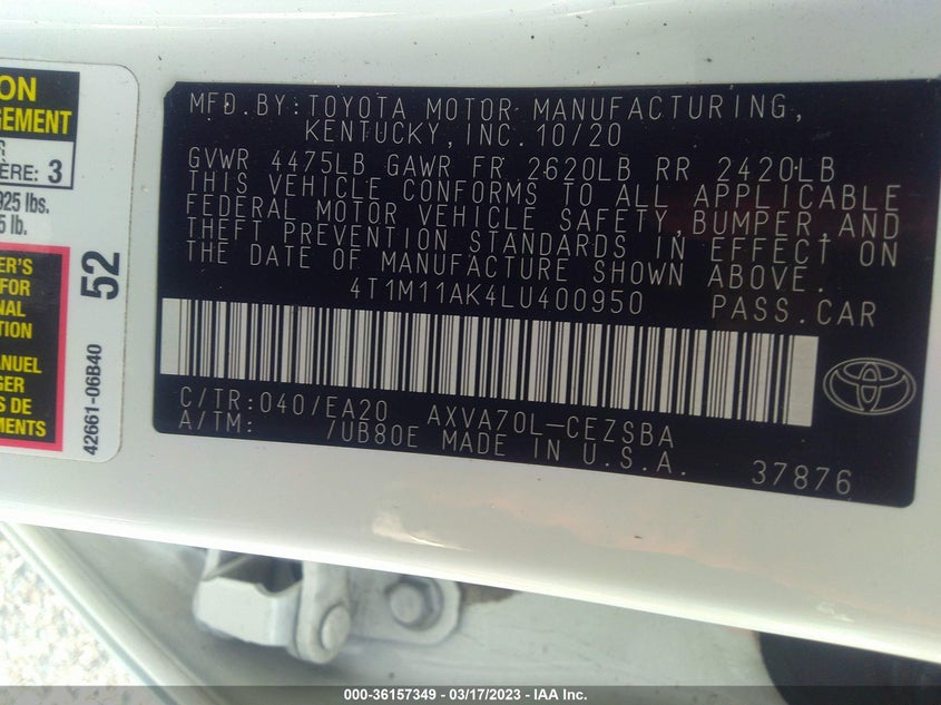 VIN 4T1M11AK4LU400950 2020 TOYOTA CAMRY SE