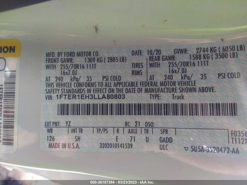 VIN 1FTER1EH3LLA80803 2020 FORD RANGER XL/XLT/LARIAT