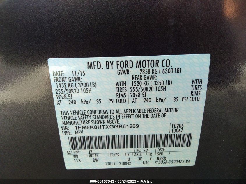 2016 FORD EXPLORER PLATINUM - 1FM5K8HTXGGB61269
