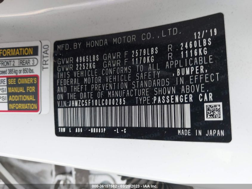 2020 HONDA CLARITY PLUG-IN HYBRID - JHMZC5F10LC000285