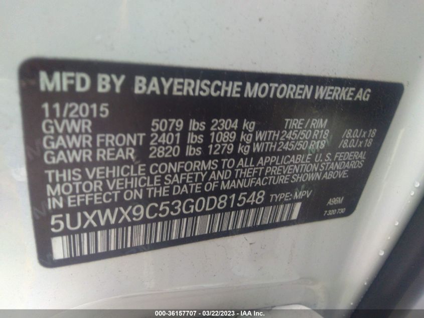 2016 BMW X3 XDRIVE28I - 5UXWX9C53G0D81548