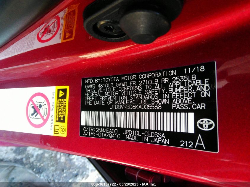2019 TOYOTA MIRAI JTDBVRBD6KA005568