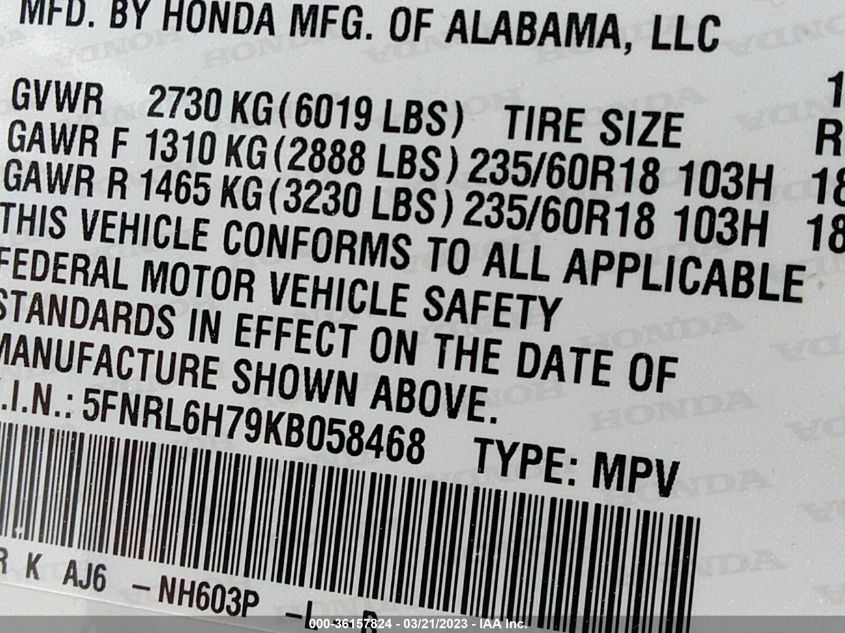 2019 HONDA ODYSSEY EX-L - 5FNRL6H79KB058468