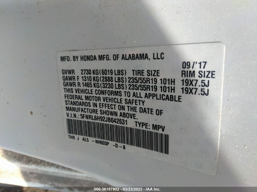 2018 HONDA ODYSSEY ELITE - 5FNRL6H92JB042631