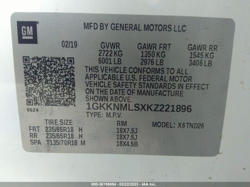 2019 GMC ACADIA SLT - 1GKKNMLSXKZ221896