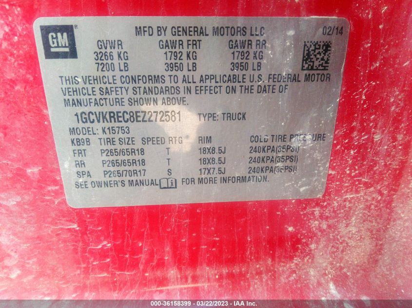2014 CHEVROLET SILVERADO 1500 LT - 1GCVKREC8EZ272581