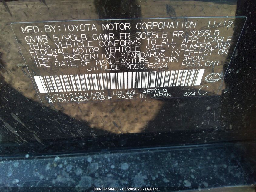 2013 LEXUS LS 460 L - JTHDL5EF9D5005224