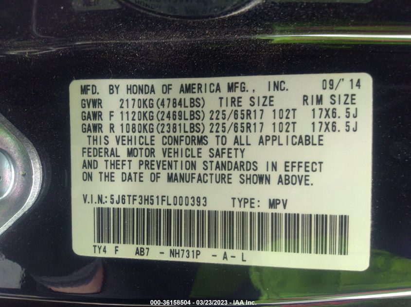 2015 HONDA CROSSTOUR EX-L 5J6TF3H51FL000393