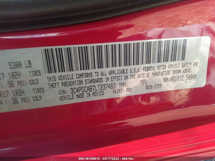 VIN 3C4PDCAB7LT237483 2020 DODGE JOURNEY SE VALUE