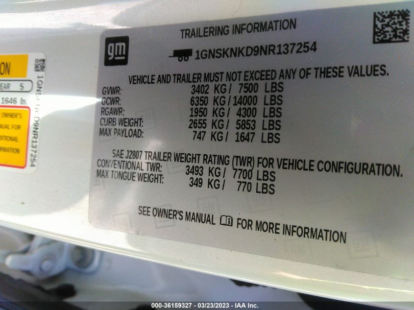 2022 CHEVROLET TAHOE LT - 1GNSKNKD9NR137254