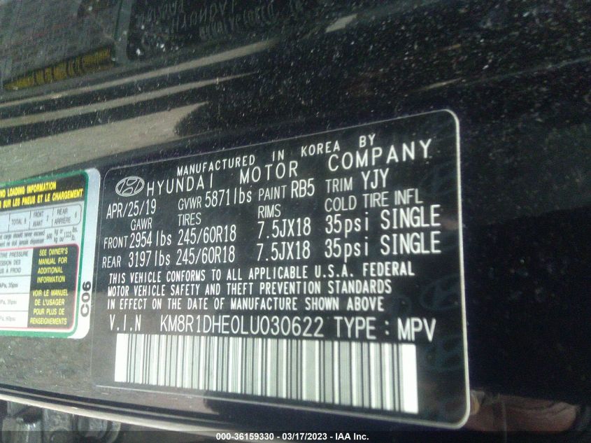 2020 HYUNDAI PALISADE SE KM8R1DHE0LU030622