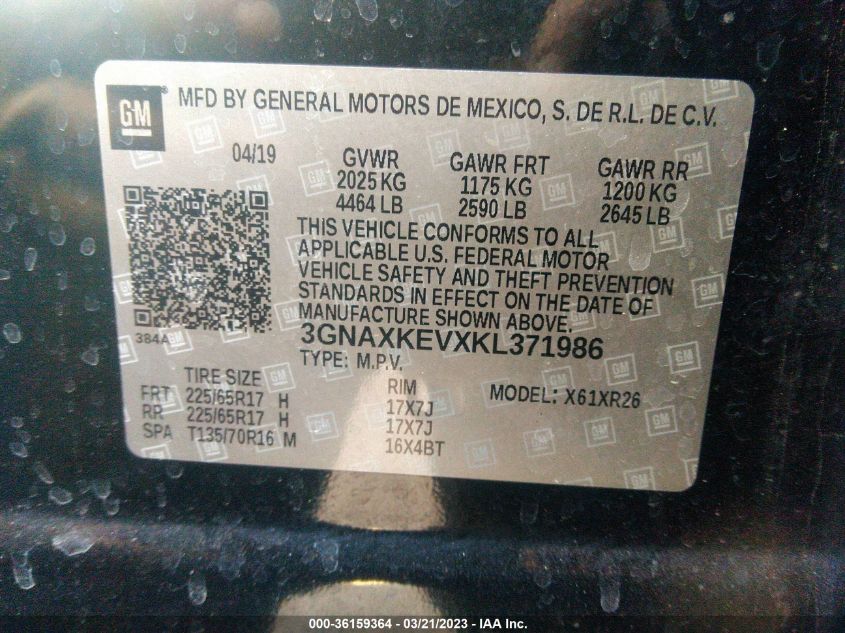 2019 CHEVROLET EQUINOX LT - 3GNAXKEVXKL371986