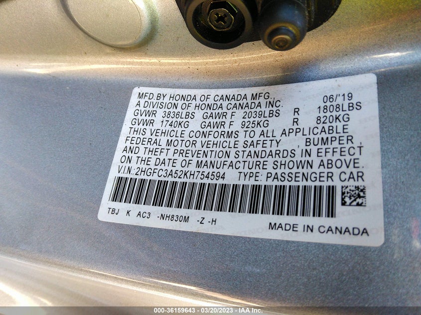 VIN 2HGFC3A52KH754594 2019 HONDA CIVIC SI COUPE