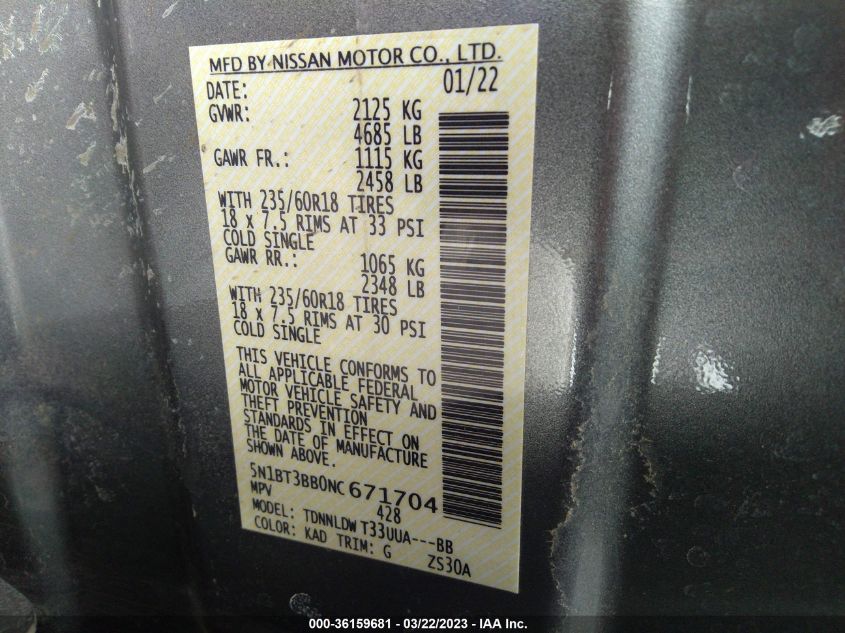 2022 NISSAN ROGUE SV - 5N1BT3BB0NC671704