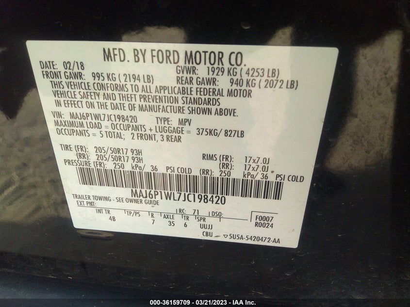 VIN MAJ6P1WL7JC198420 2018 FORD ECOSPORT TITANIUM