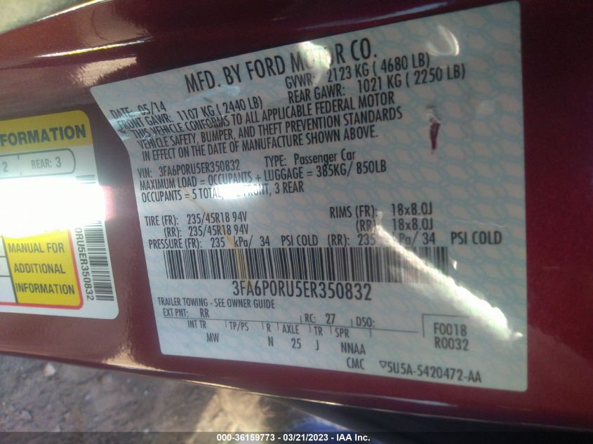 2014 FORD FUSION TITANIUM HYBRID - 3FA6P0RU5ER350832