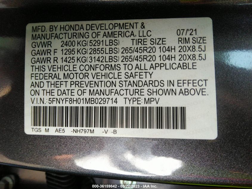 2021 HONDA PASSPORT ELITE 5FNYF8H01MB029714
