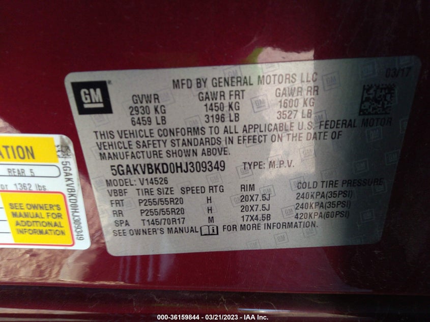 VIN 5GAKVBKD0HJ309349 2017 BUICK ENCLAVE LEATHER