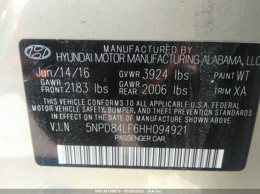 VIN 5NPD84LF6HH094921 2017 HYUNDAI ELANTRA SE