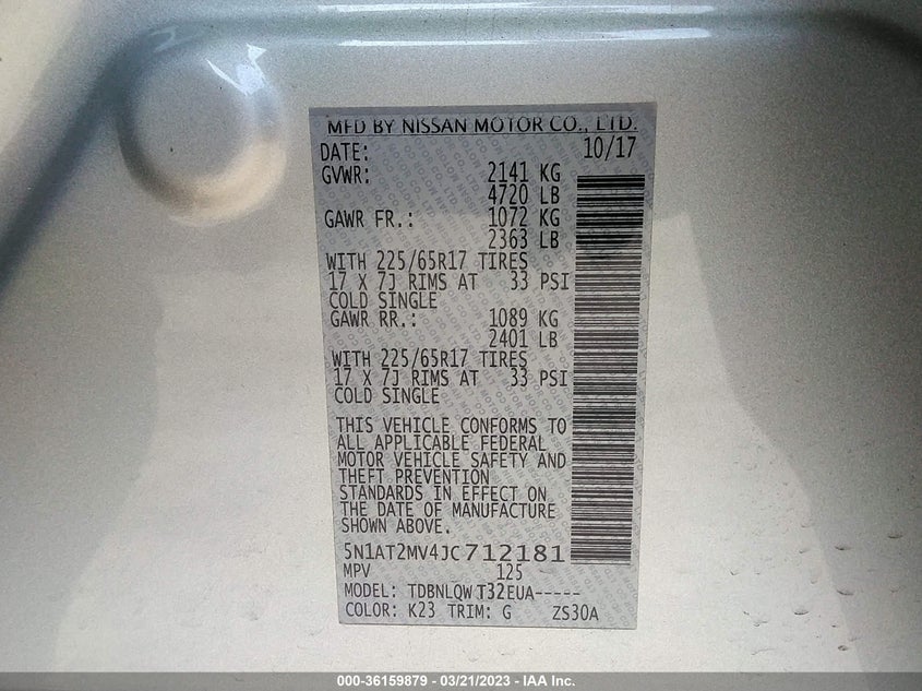 VIN 5N1AT2MV4JC712181 2018 NISSAN ROGUE SV