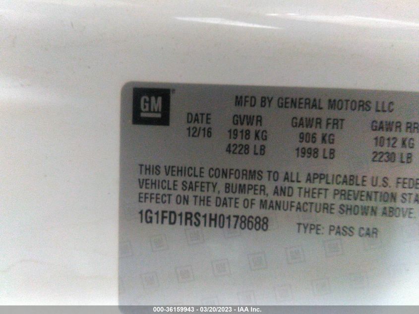 2017 CHEVROLET CAMARO 2LT - 1G1FD1RS1H0178688