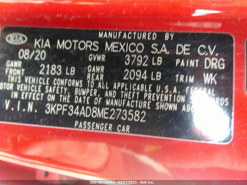 2021 KIA FORTE GT-LINE - 3KPF34AD8ME273582