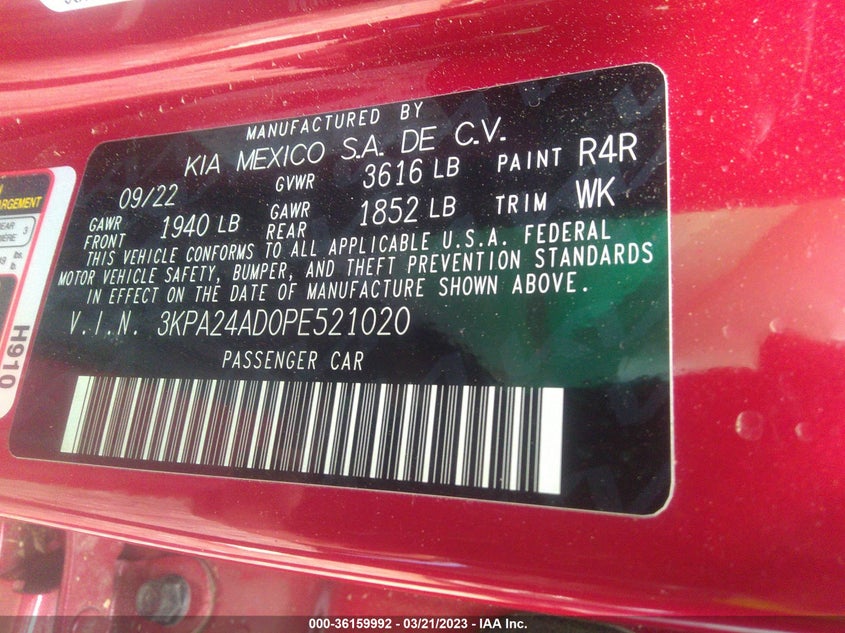 VIN 3KPA24AD0PE521020 2023 KIA RIO S