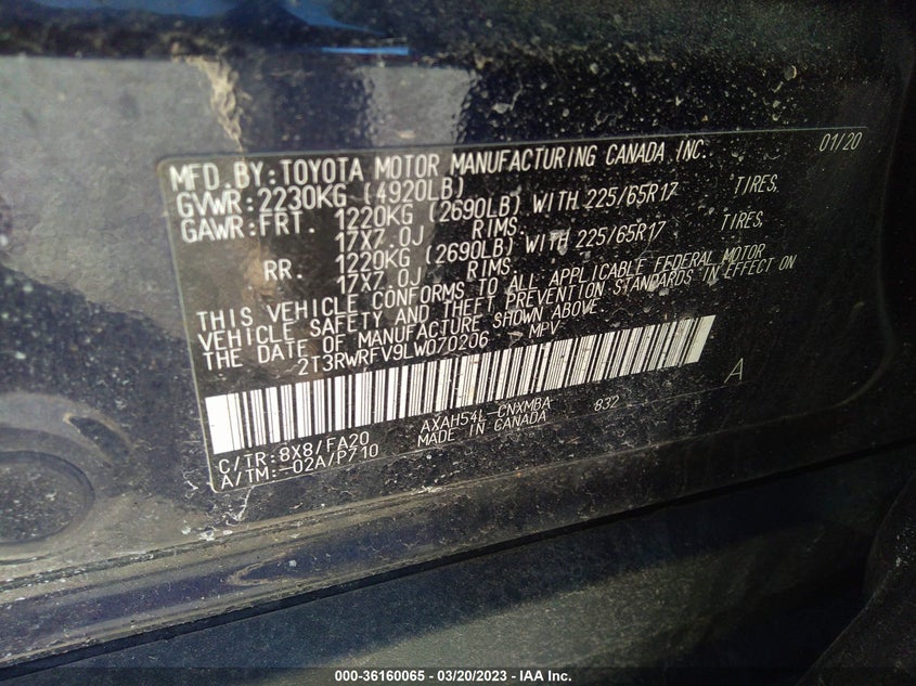 VIN 2T3RWRFV9LW070206 2020 TOYOTA RAV4 HYBRID XLE