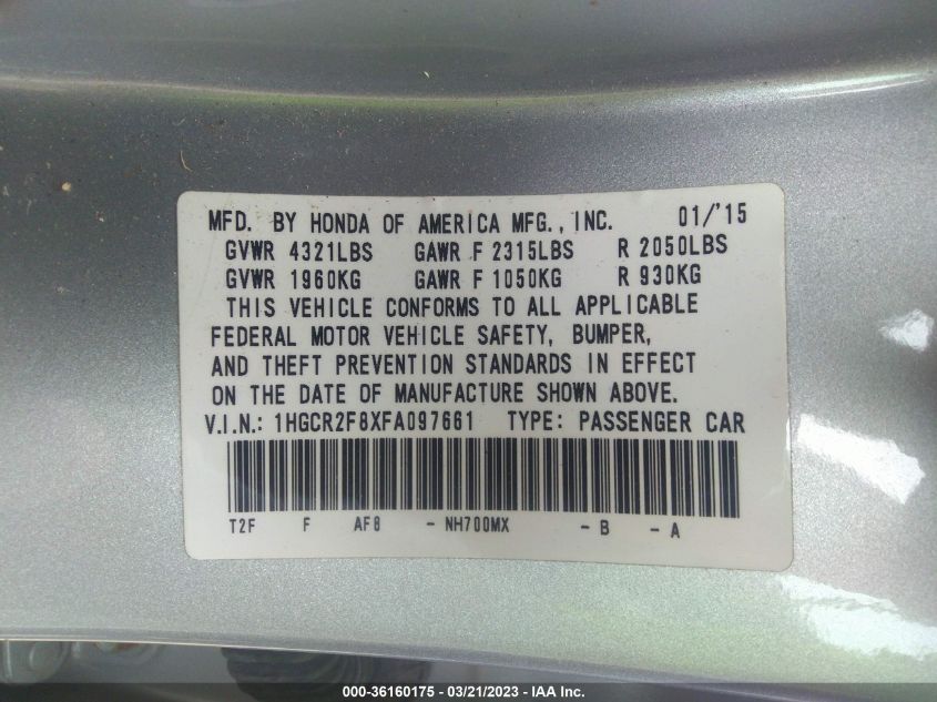 1HGCR2F8XFA097661 | 2015 HONDA ACCORD