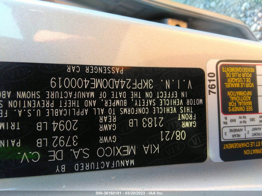 VIN 3KPF24AD0ME400019 2021 KIA FORTE LXS