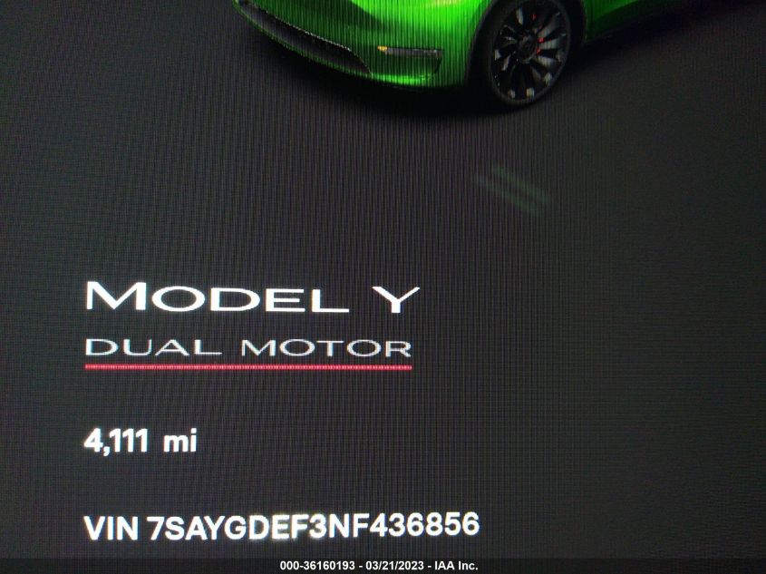 VIN 7SAYGDEF3NF436856 2022 TESLA MODEL Y PERFORMANCE