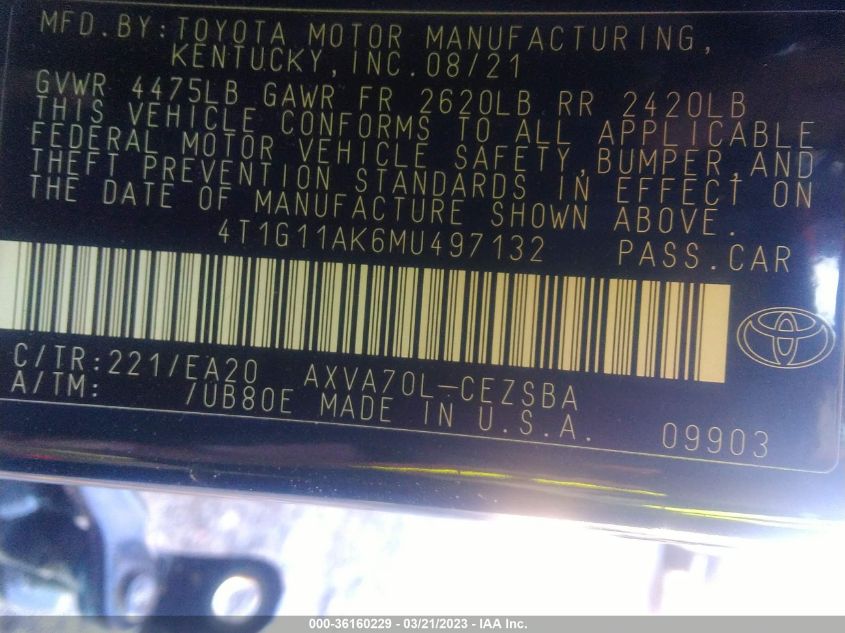 2021 TOYOTA CAMRY SE - 4T1G11AK6MU497132