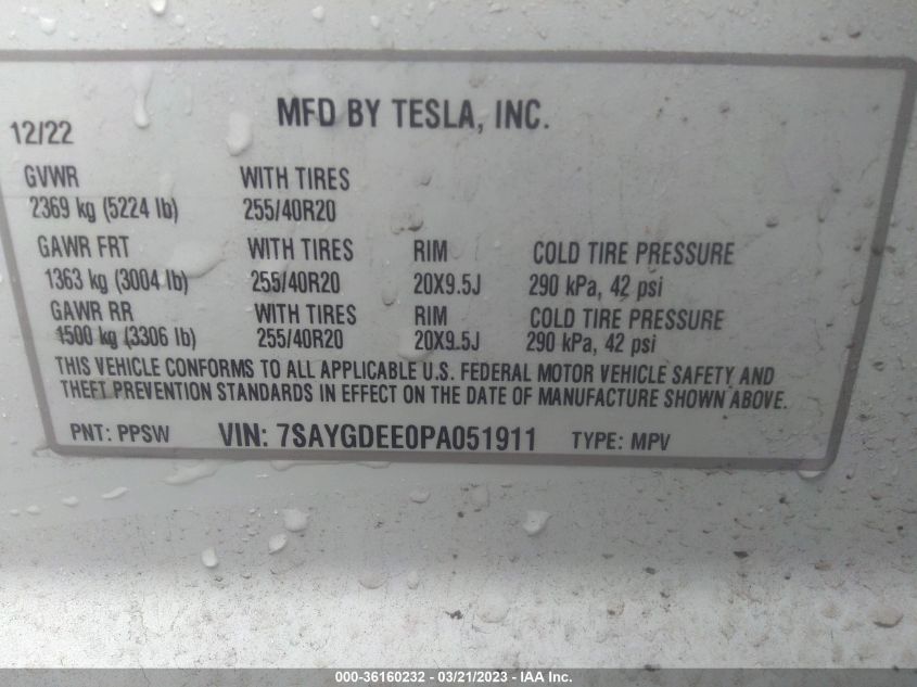 2023 TESLA MODEL Y LONG RANGE - 7SAYGDEE0PA051911