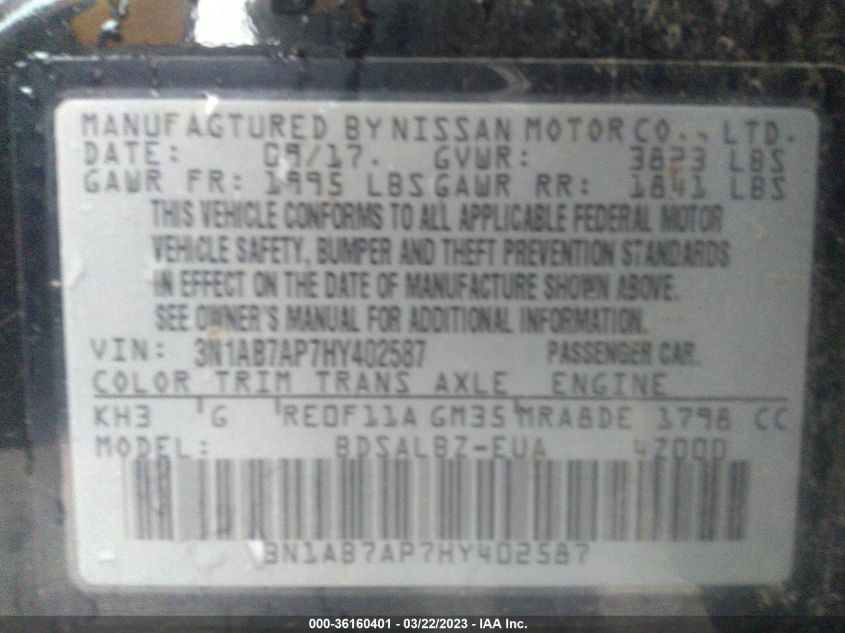 2017 NISSAN SENTRA S - 3N1AB7AP7HY402587